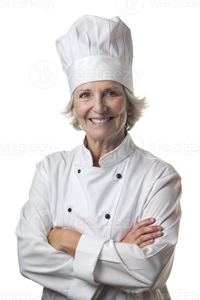 Smiling chef in white uniform poses confidently png