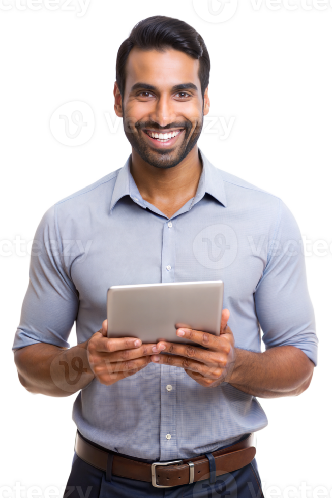 Smiling man with a tablet indoors png