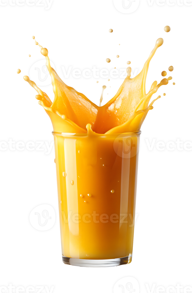 Refreshing orange juice splashing from a glass png