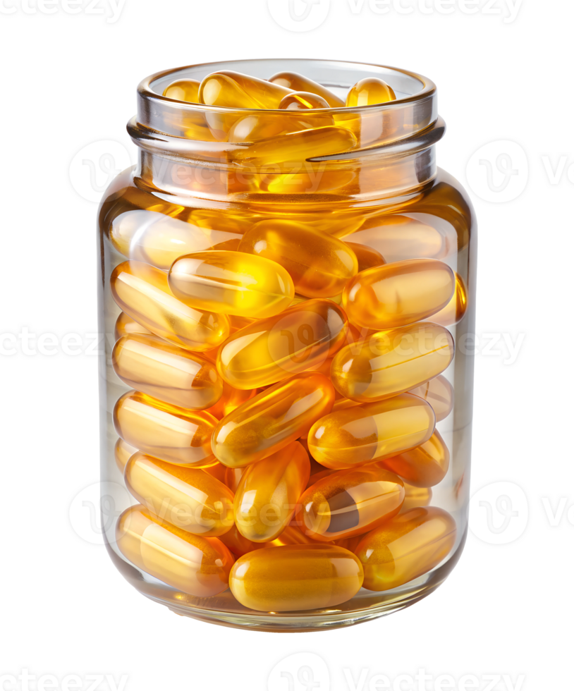 Capsules in a clear jar on a white background png
