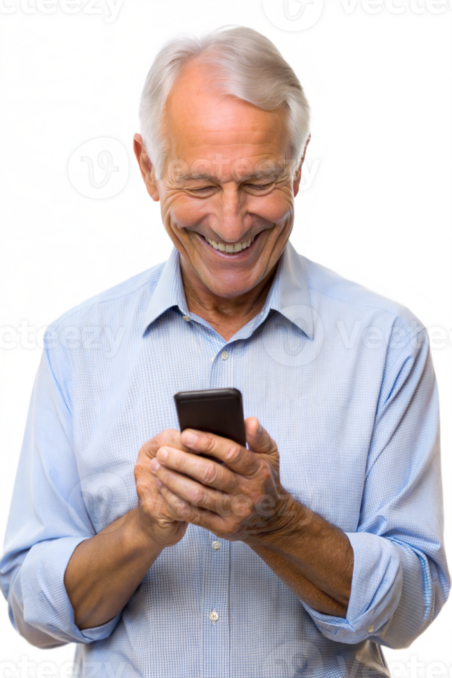 Happy senior man using smartphone indoors png