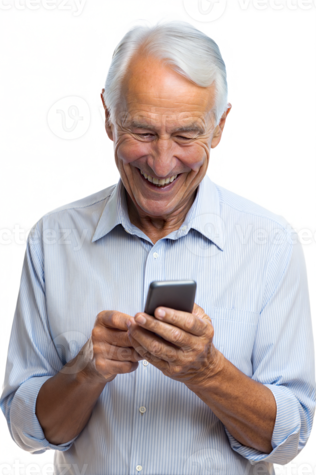 Senior man smiling while texting on smartphone png