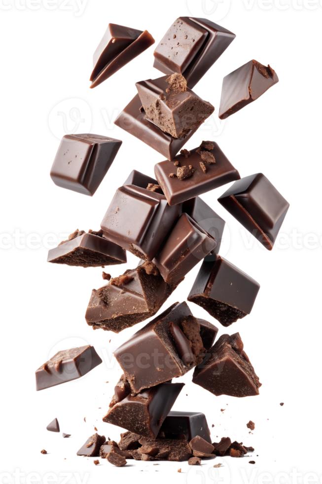Dark chocolate pieces falling in a dynamic display png