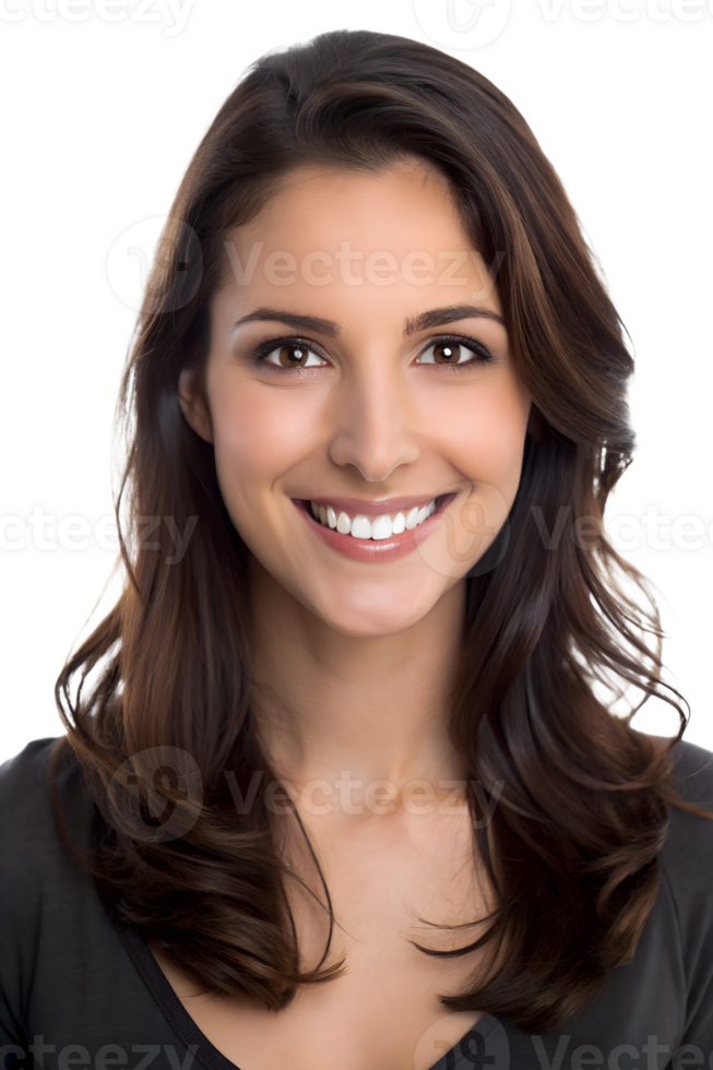 Smiling woman with long hair in a neutral setting png