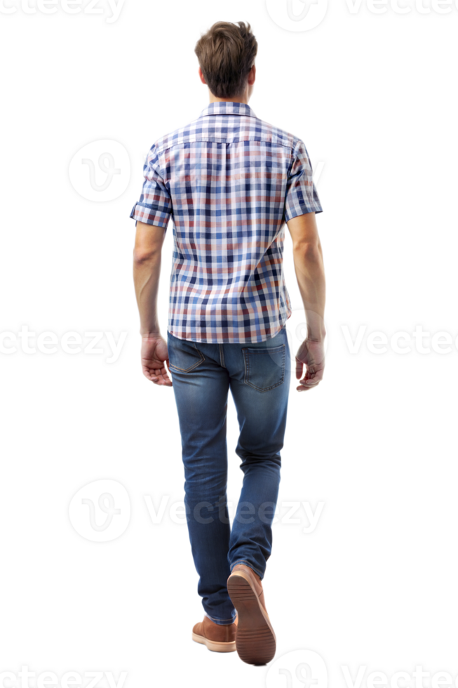 Young man walking away in casual attire indoors png
