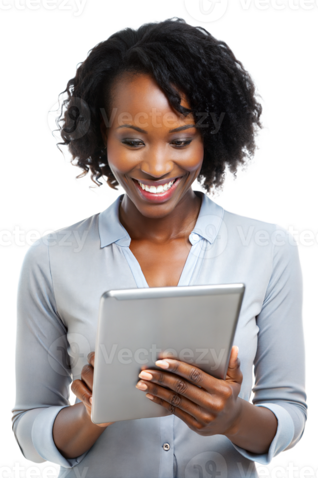 Smiling woman using a tablet in a bright setting png