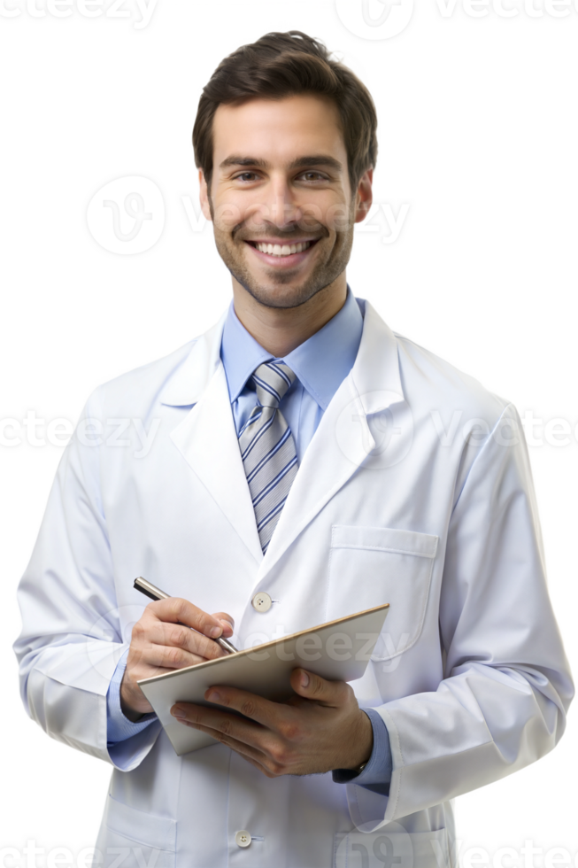 Smiling doctor in a white coat holds a clipboard png