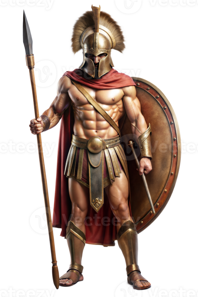 Muscular warrior in ancient armor poses with spear png