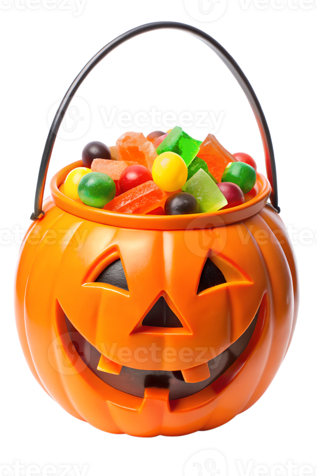 Colorful Halloween candy in a pumpkin bucket png