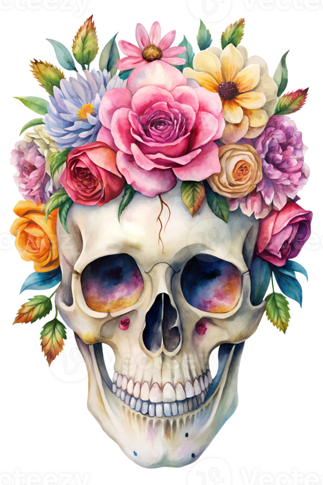 A vibrant skull adorned with colorful flowers png