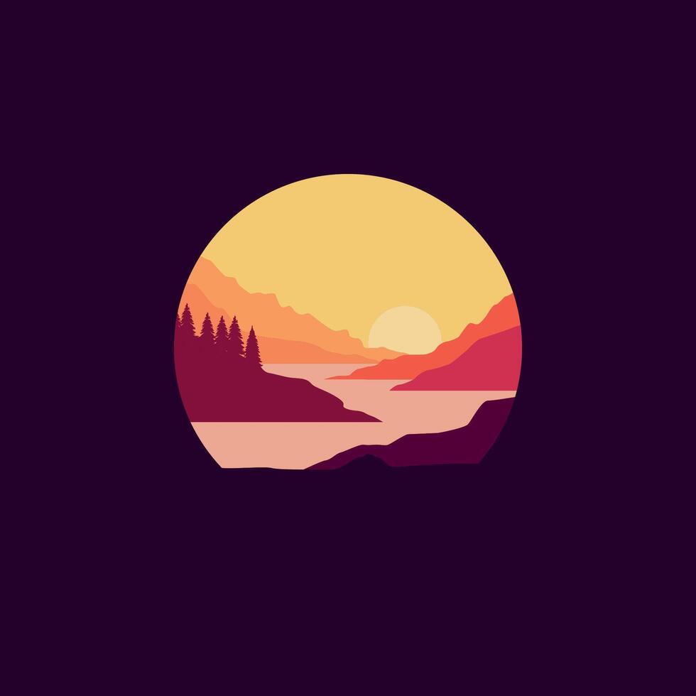 Nature mountain landscape illustration in circle. vector
