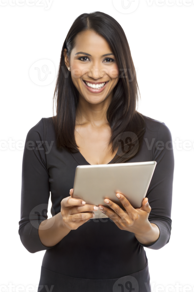 Smiling woman using a tablet in a studio setting png