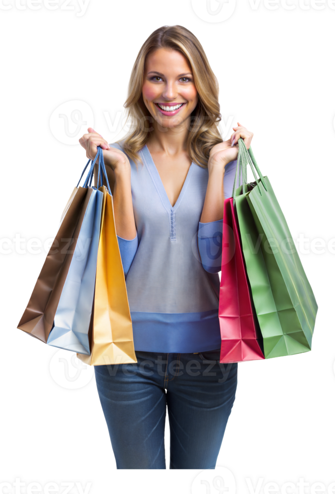 Happy shopper with colorful bags at a store png