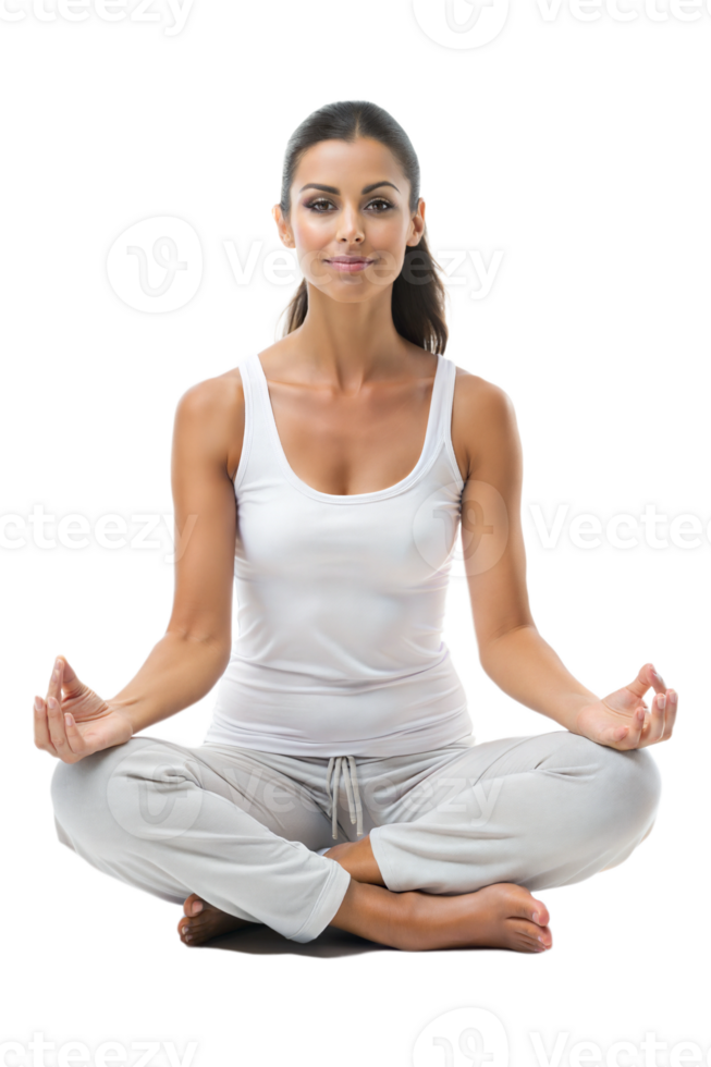 Woman meditating in yoga pose indoors png