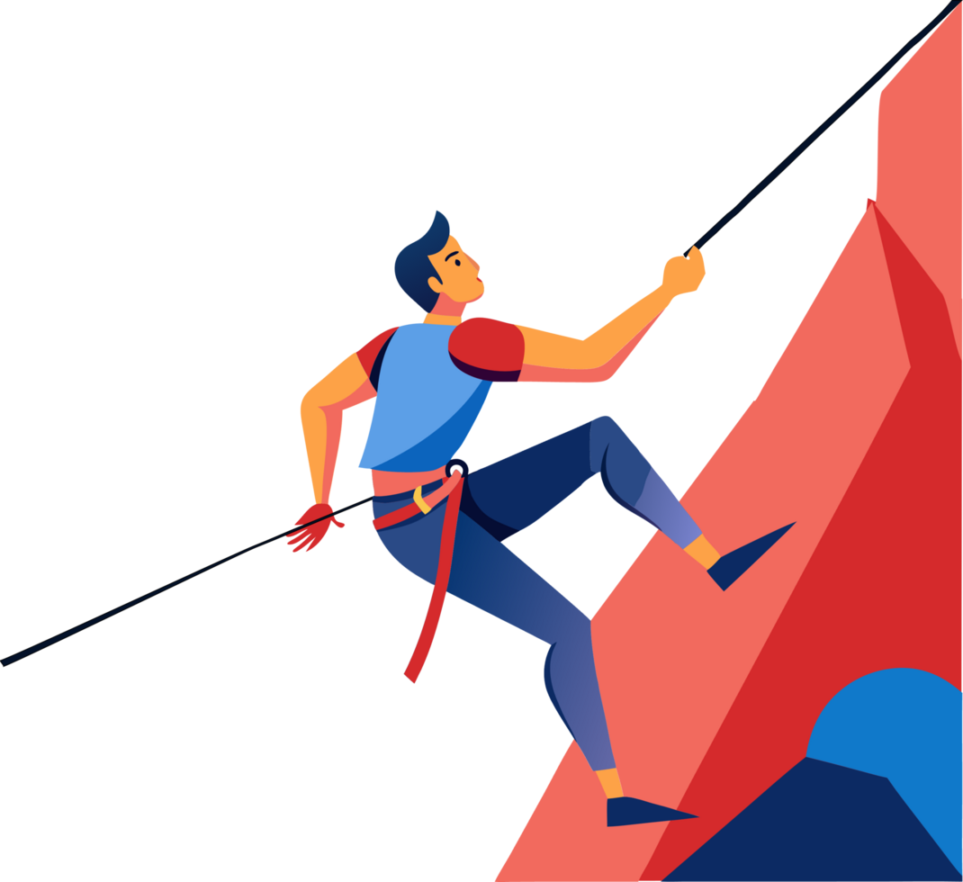 A man is climbing up a mountain with a rope png