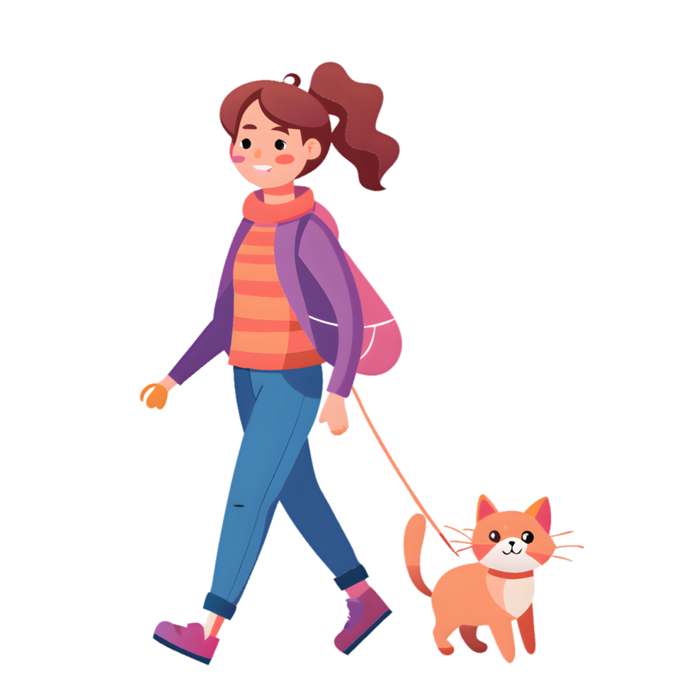 A girl walking with a cat png