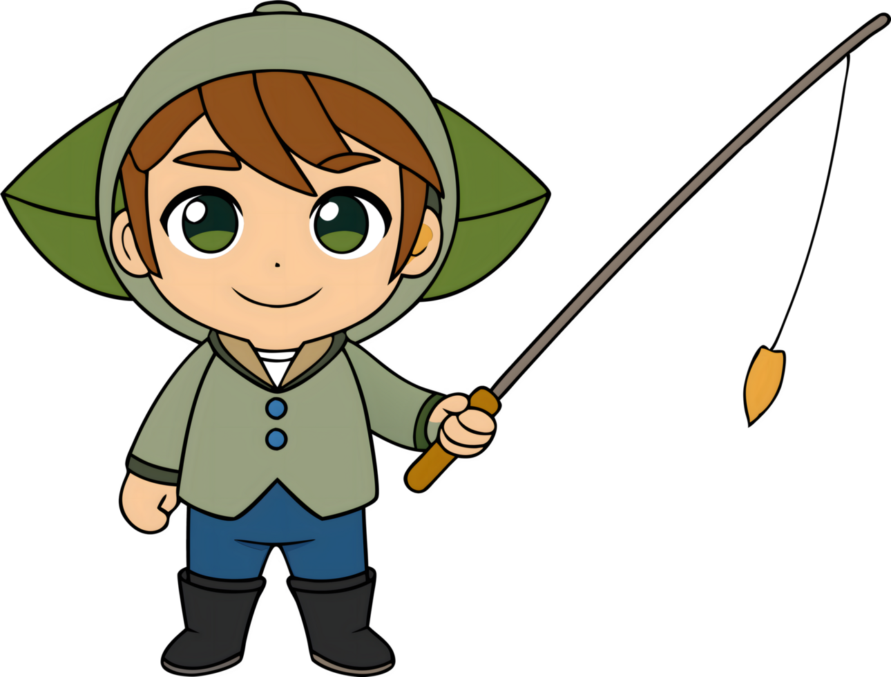 A cartoon boy in a green hat and green jacket holding a fishing rod png