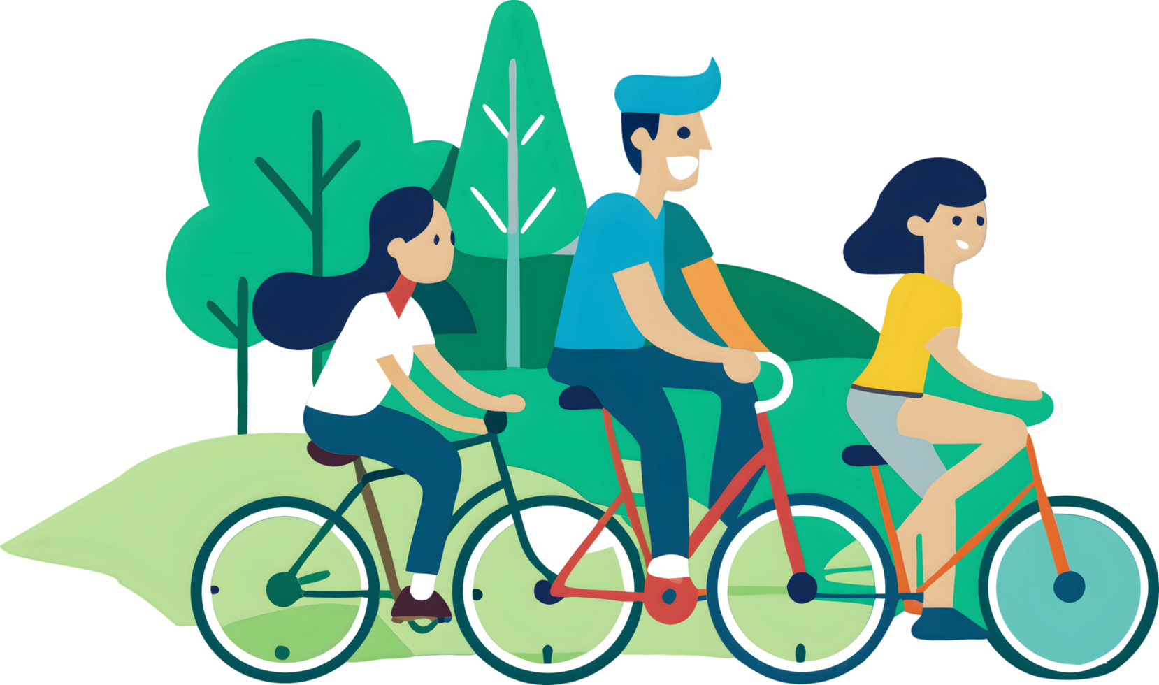 Three people riding bicycles in the park png