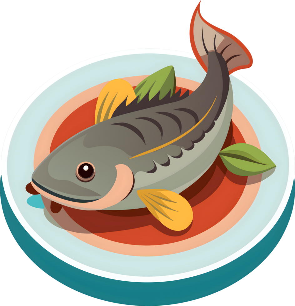 Fish on a plate with a green leaf png