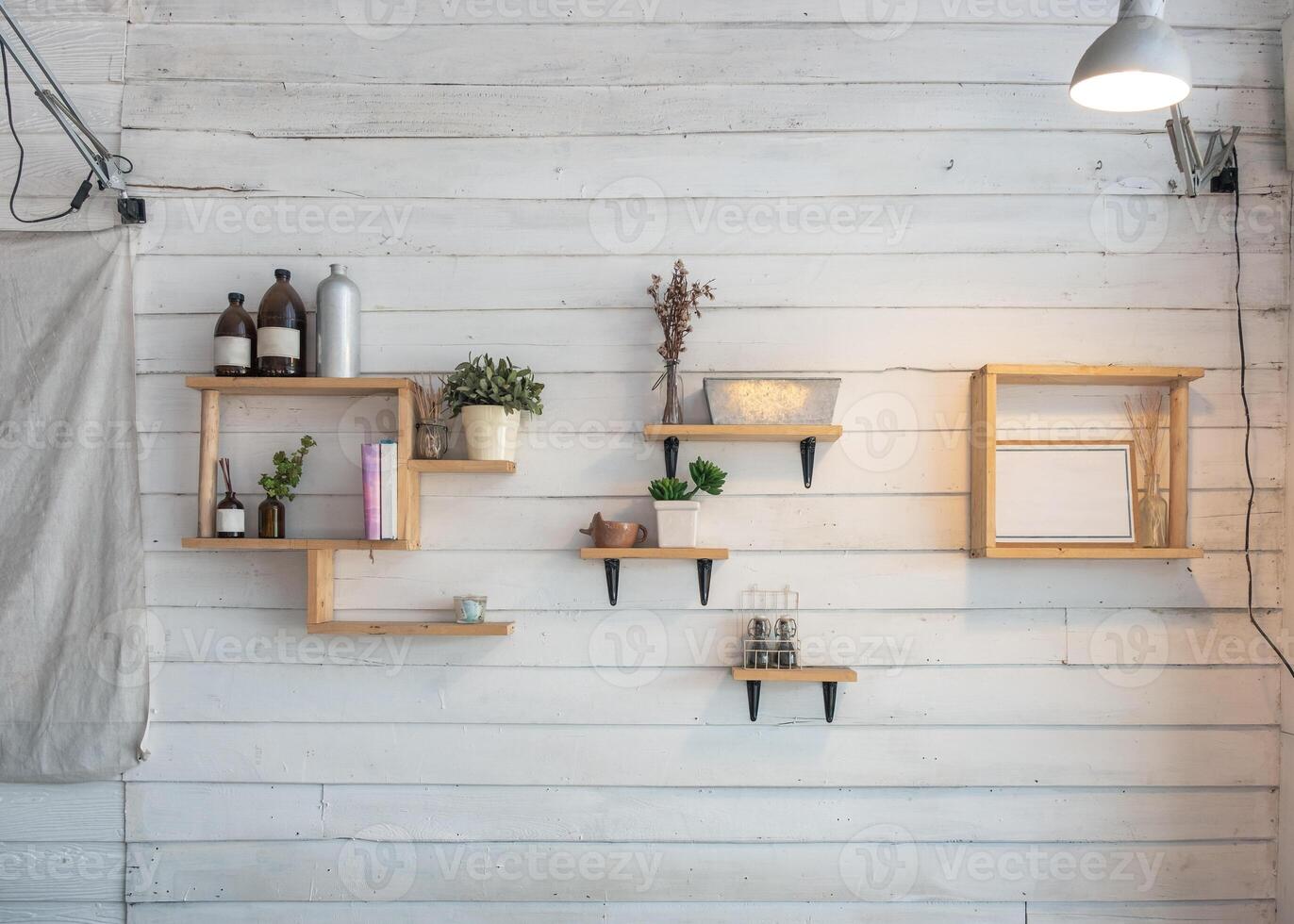 Interior design of wooden shelf with art object decoration photo