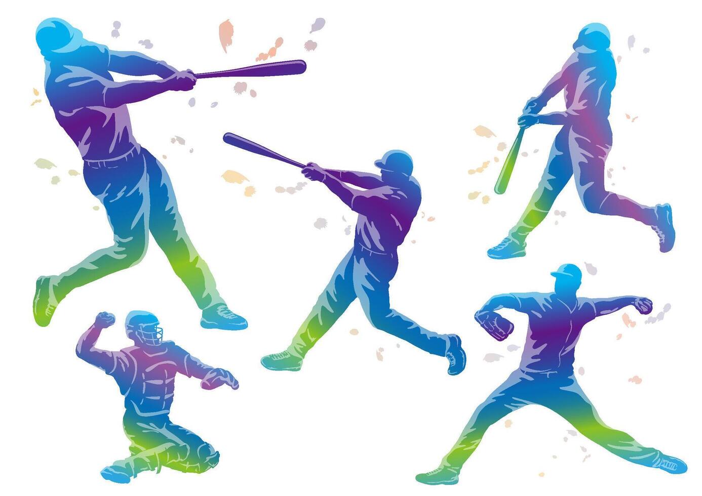 Baseball Players Colorful Silhouette Illustration Set Isolated On A White Background. vector