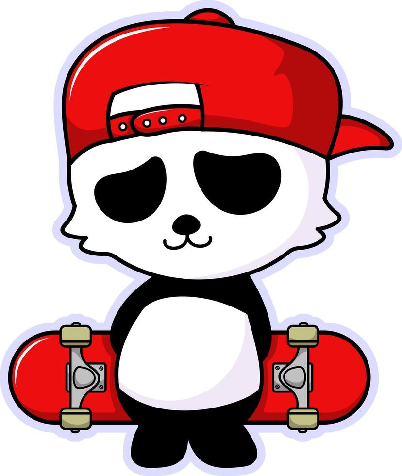 a cartoon panda bear wearing a red cap and holding a skateboard vector