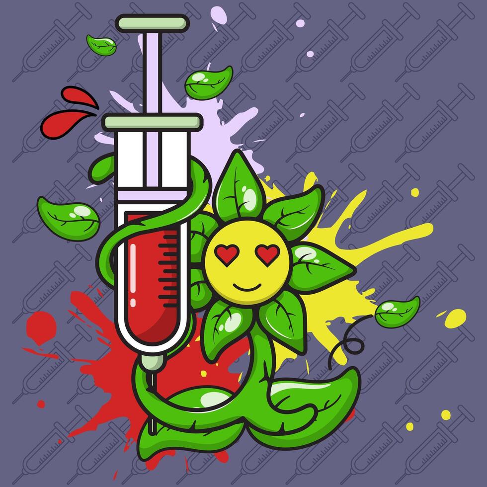 a cartoon flower with a syringe and a heart vector
