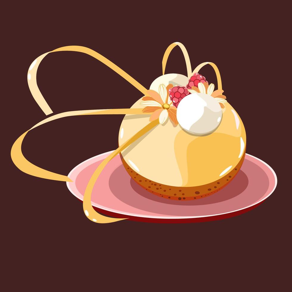 Modern dessert with raspberries and flowers vector