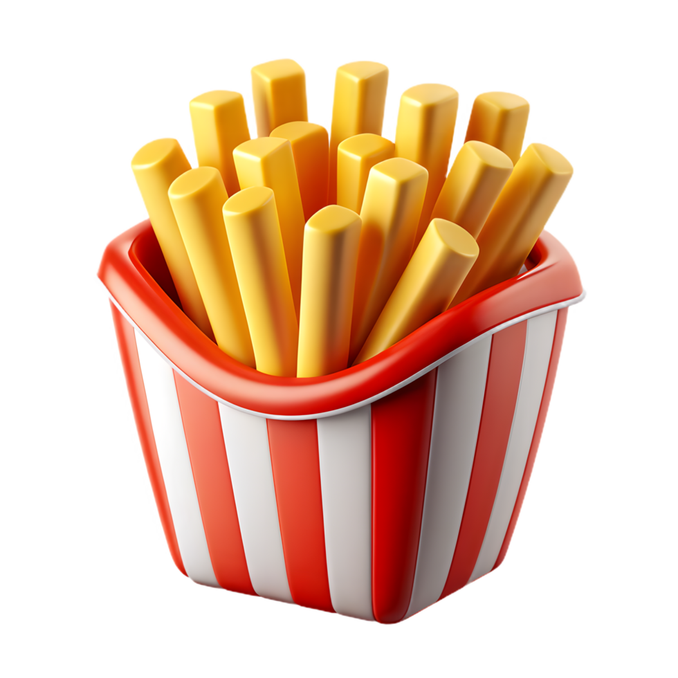 3D render of crispy French fries in striped sleeve png