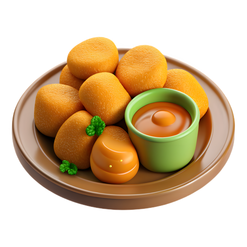3D render of crispy chicken nuggets with dipping sauces png