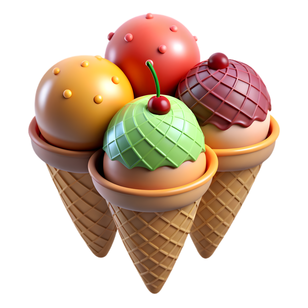 3D render of triple scoop ice cream cone with toppings png
