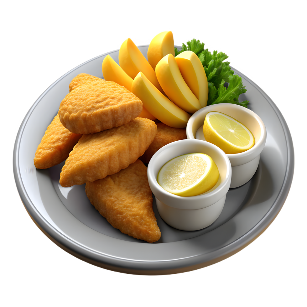 3D render of traditional fish and chips with tartar sauce png