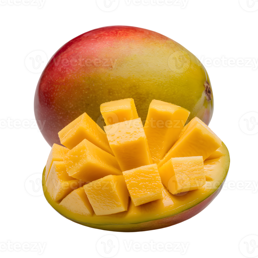 Sliced mango chunks in front, reddish brown whole mango behind png