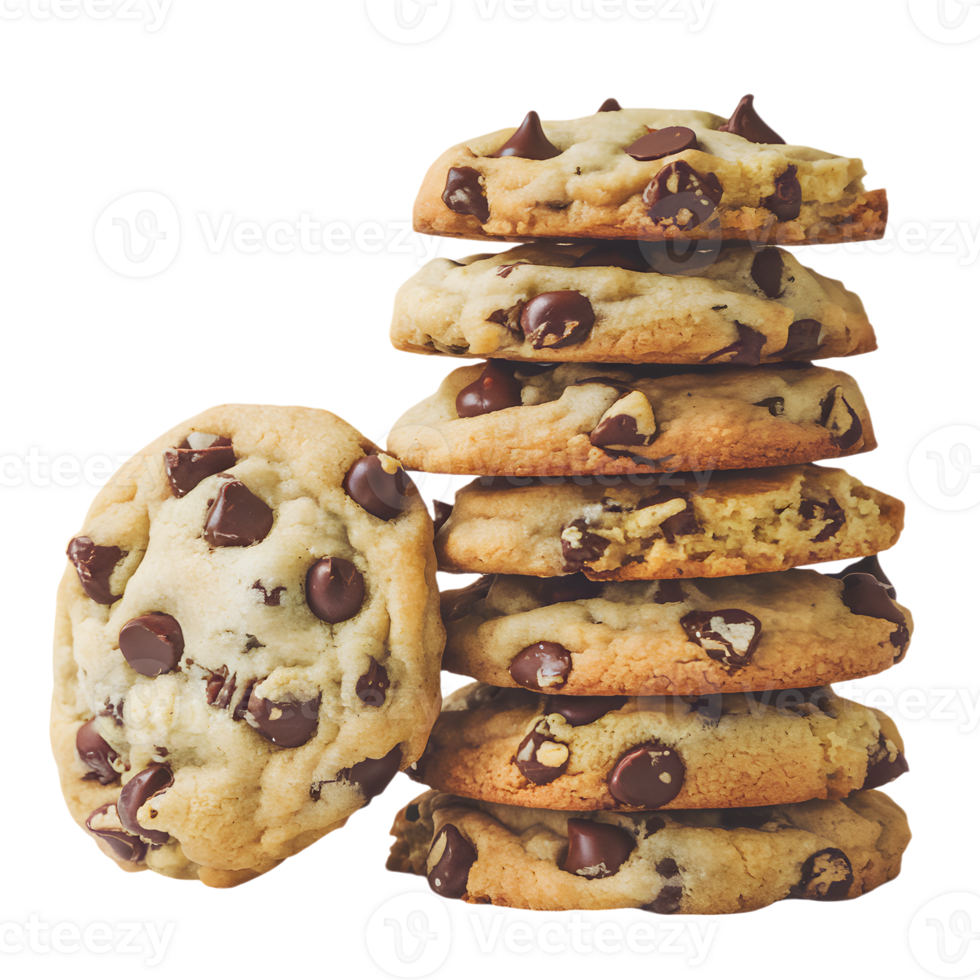 Stack of golden brown chocolate chip cookies, top one tilted png