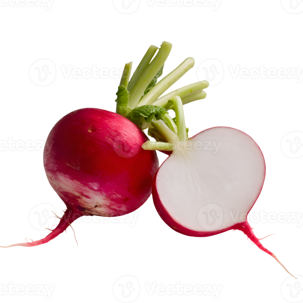 Whole and sliced radishes with green stems png