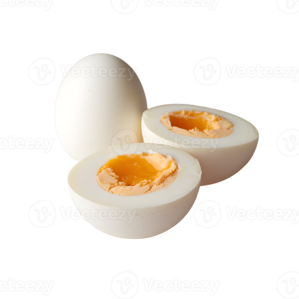 Three eggs, two whole, one halved revealing soft yellow yolk png