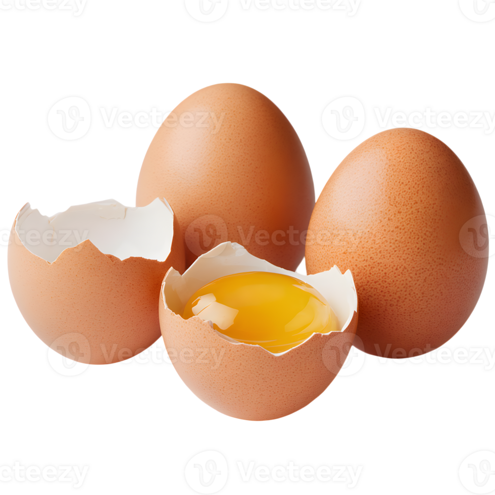 Three brown eggs, one cracked open revealing vibrant yolk png