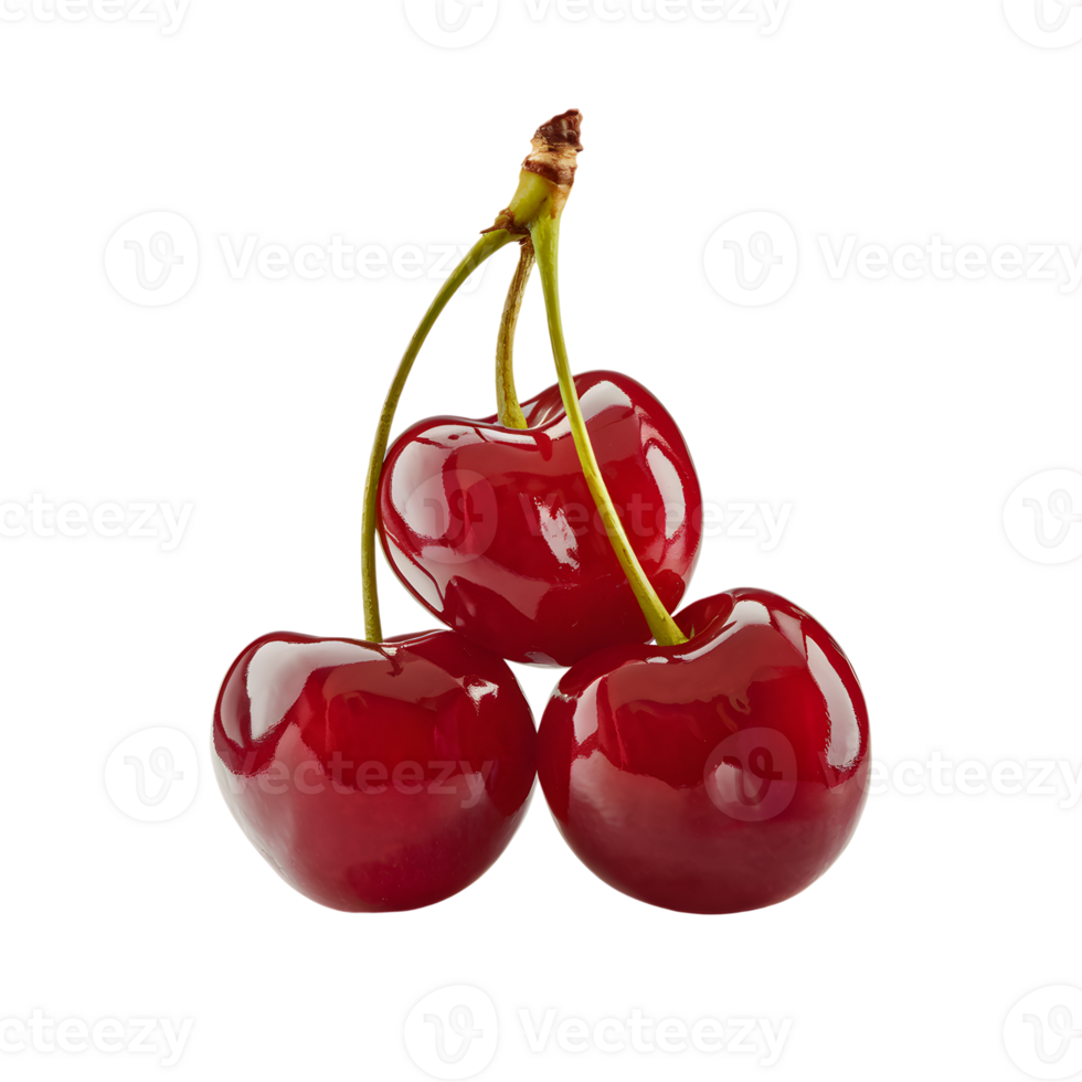 Three glossy ripe cherries attached by a green stem png