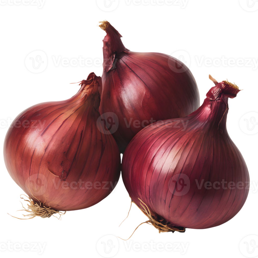 Three glossy red onions with green stems png
