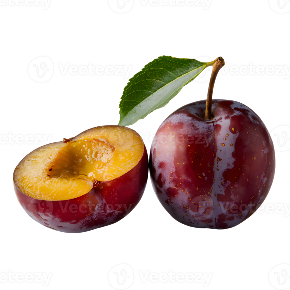 Whole and sliced ripe plums with yellow interior png