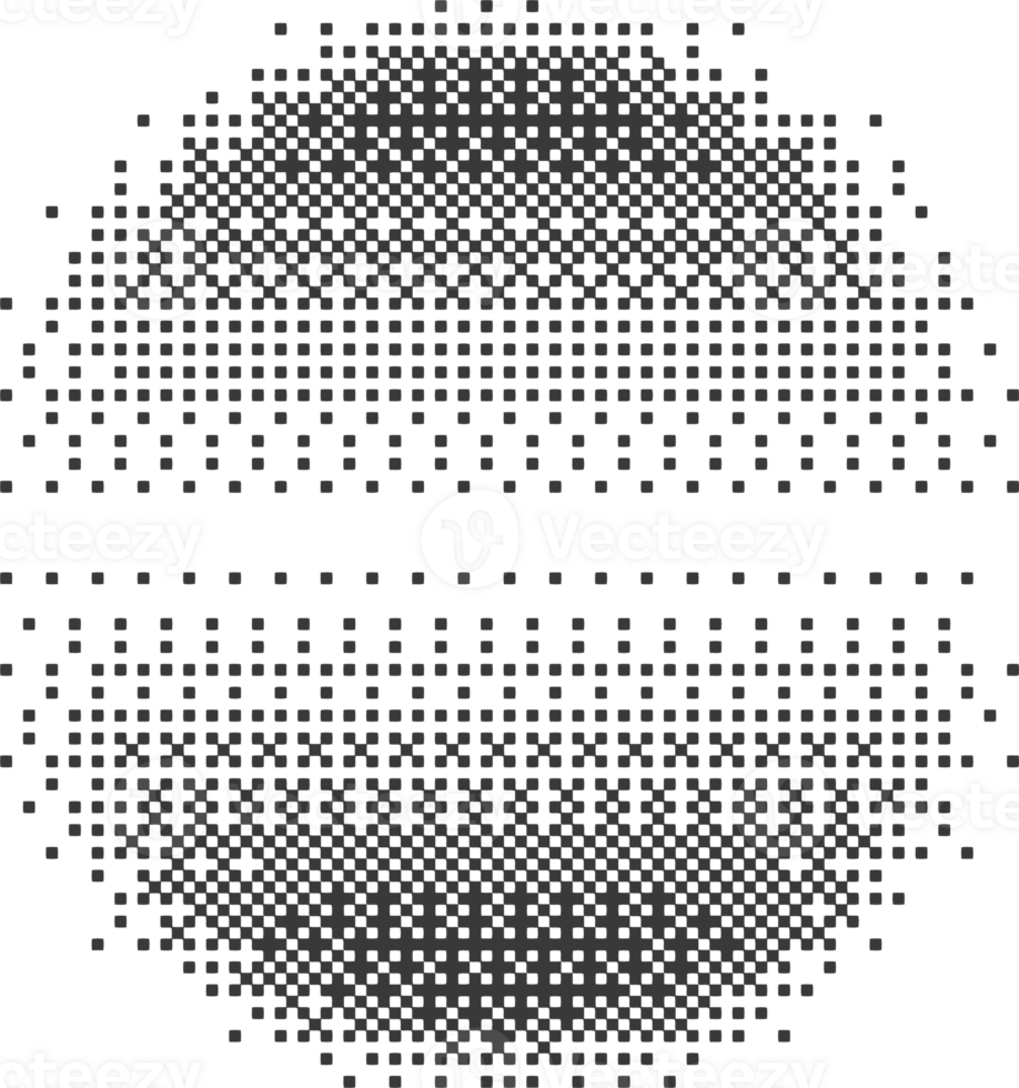 Bitmap pixel arcade game effect. Circle with bit pattern texture. Round y2k halftone element. Aesthetic globe with dither gradient. 2000s noisy illustration png