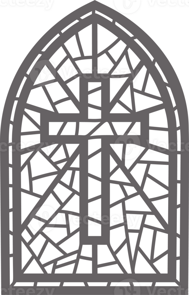 Church glass window. Stained mosaic catholic frame with religious symbol cross. Outline illustration png