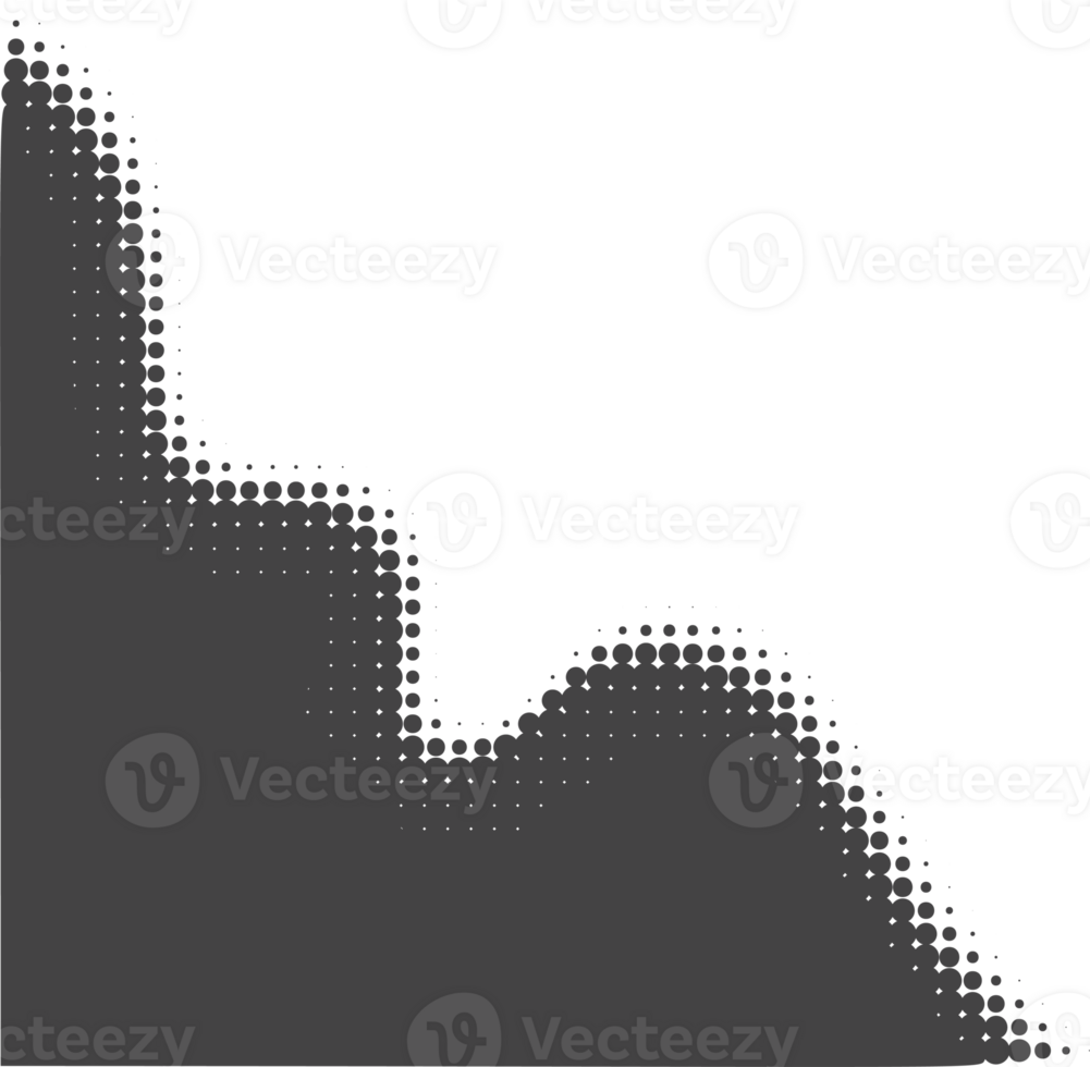 Dotted corner element. Noise gradient fade effect. Halftone grunge gradation shadow. Gritty shade border. Black wavy shape png