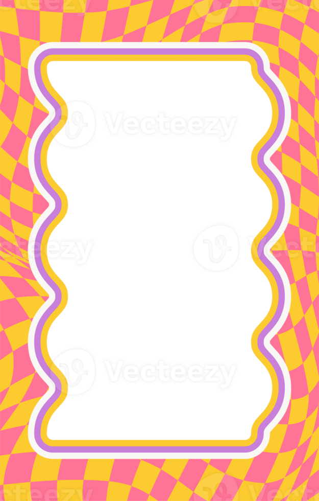 Wavy scallop border. Rectangle fun wavy chessboard frame. Cartoon hand drawn shapes for text picture and photo. Doodle groovy psychedelic template. Abstract funky y2k squiggle checkered bubble png