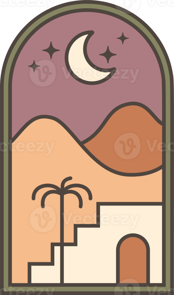 Desert boho logo with moon and mountains. Abstract bohemian illustration with palm and minimal landscape. Arch and window elements for poster and decoration png