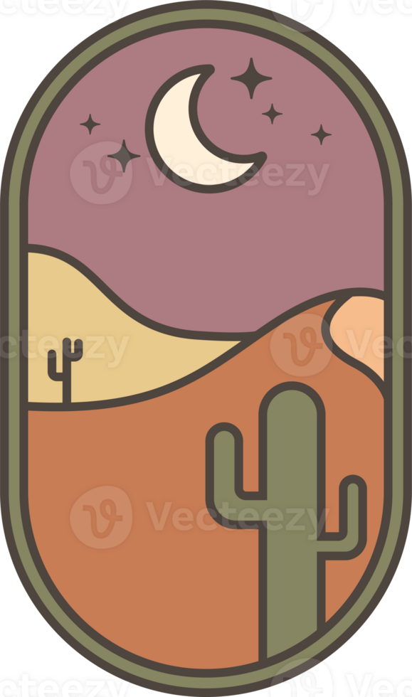 NIght desert boho logo with dunes. Abstract bohemian illustration with moon cactus and minimal landscape. Arch and window design element for poster and decoration. png