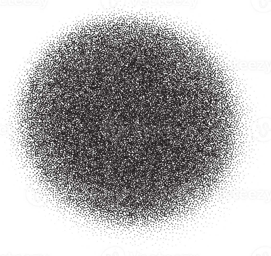 Noisy gradient shape. Grainy dotted spray paint dust. Stipple abstract circle spot. Liquid black blob with sand texture. Shadow gritty irregular form. png