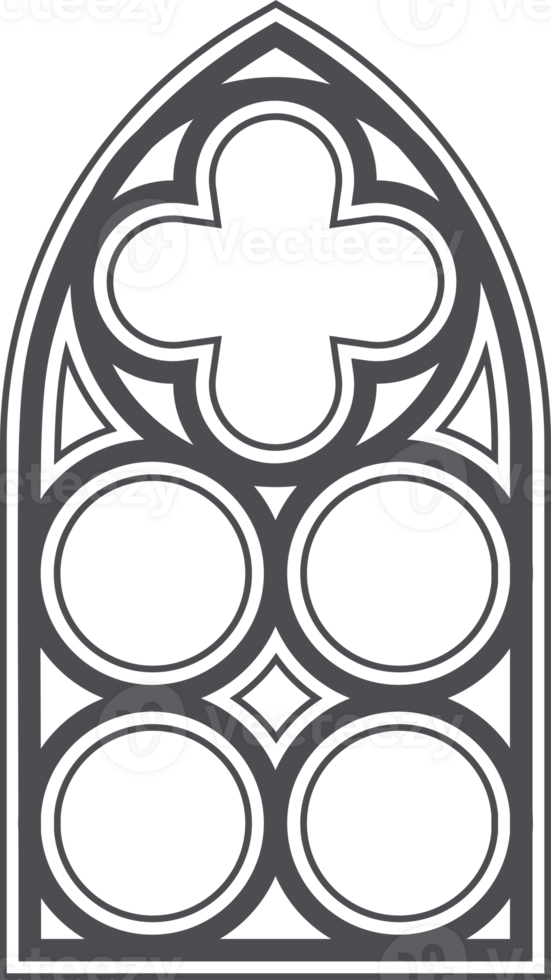 Gothic church window. Cathedral stained glass arch. Frame with pattern. Element of catholic medieval architecture. Old vintage frame silhouette png