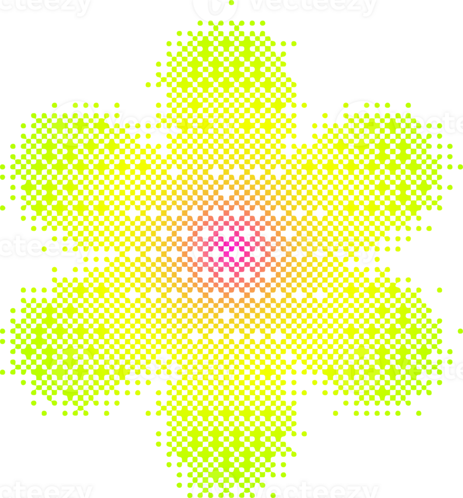 Pixel pattern flower shape. Textured daisy with bitmap Y2k dither gradient. Retro with old computer game graphic effect. Halftone illustration png