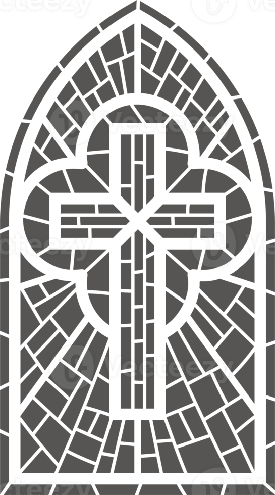 Gothic church glass window. Catholic cathedral frame with cross. Medieval stained castle architecture Christian design mosaic decoration png